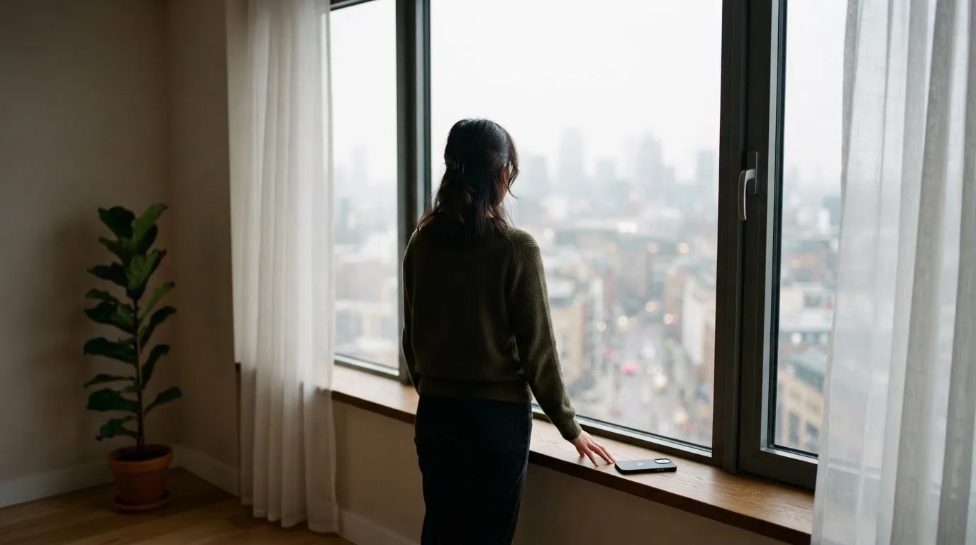 Eine Person legt ihr Smartphone beiseite und blickt nachdenklich aus einem Fenster.