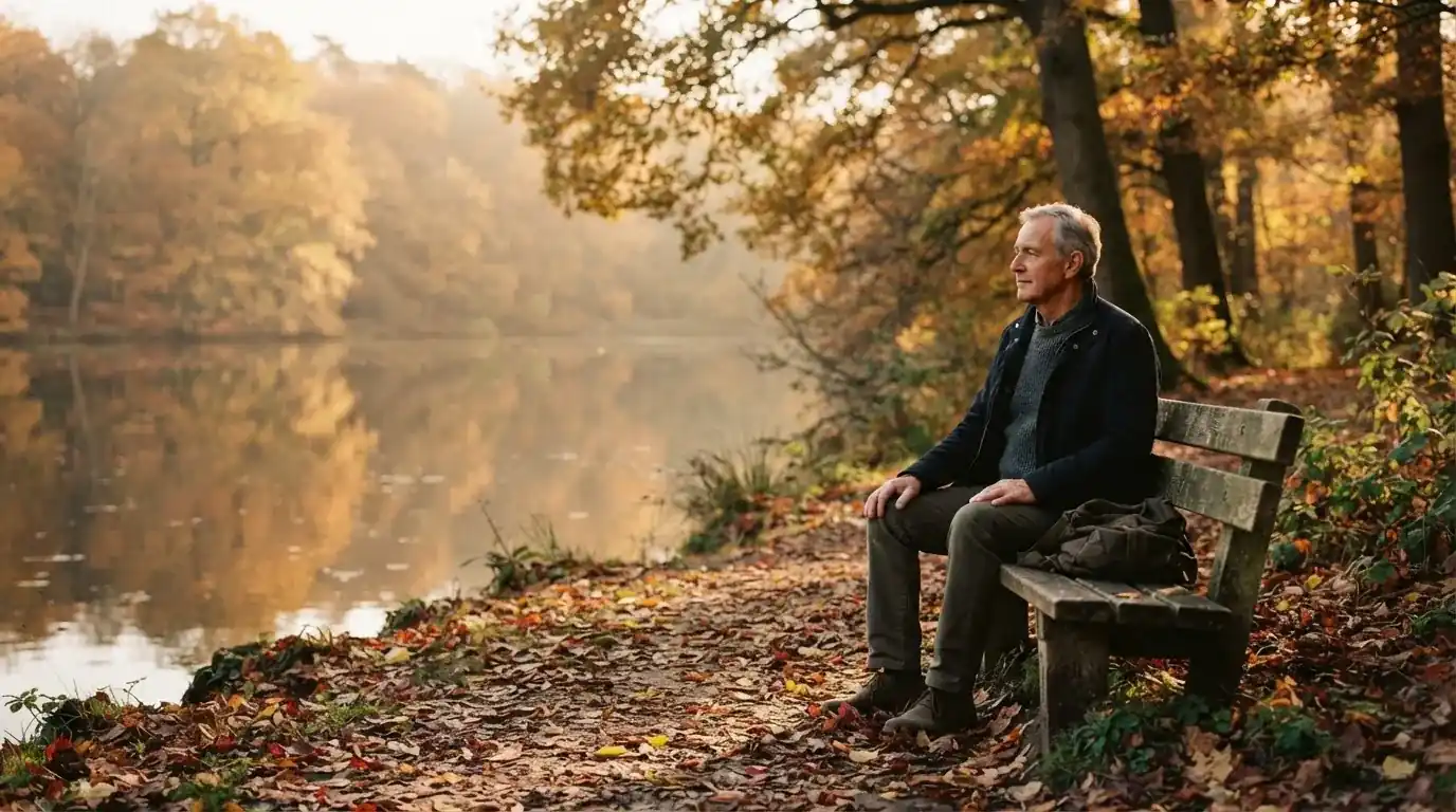 Ein Mann sitzt allein auf einer Parkbank und blickt ruhig auf einen See.